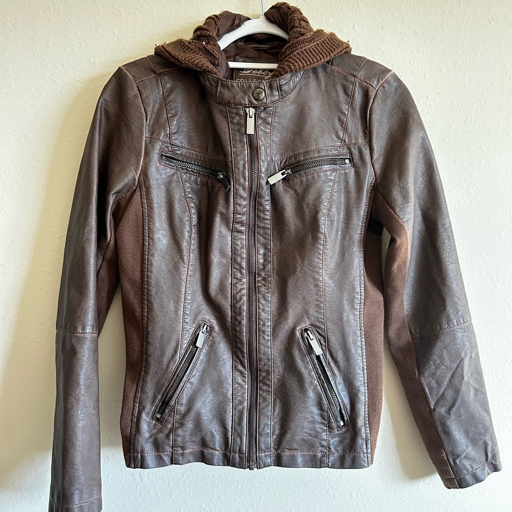 Elegant Brown Leather Jacket with Hood